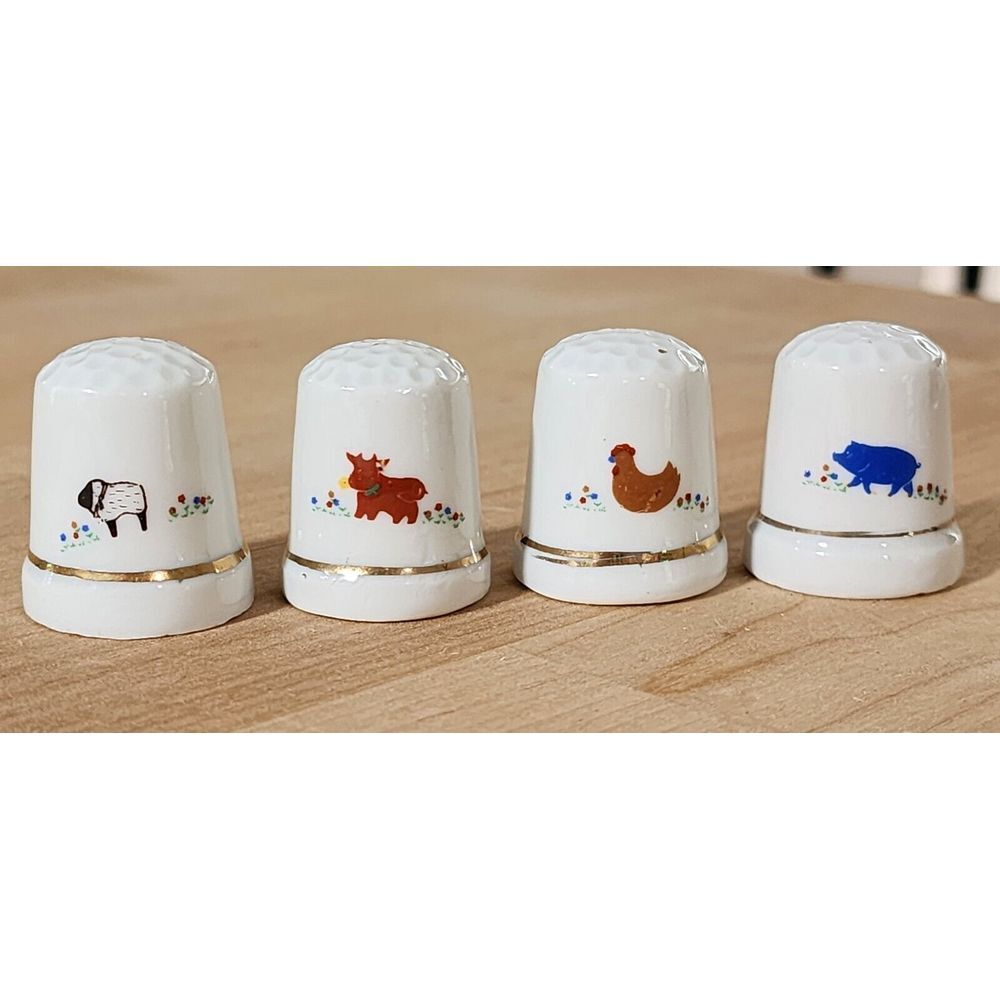 VTG 3 Cute FARM ANIMALS PORCELAIN Thimbles GOLDTRIM